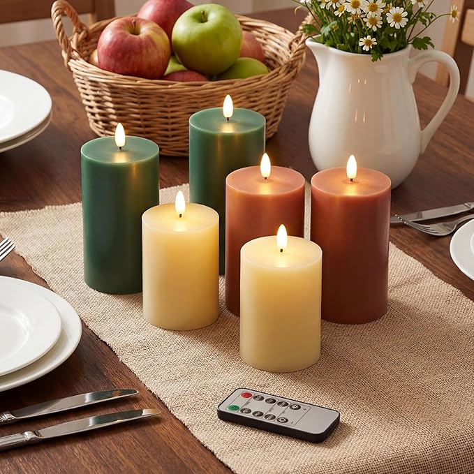 6 Pcs Flameless Candles Battery Operated LED Flickering Flameless Pillar Candles with Remote Real Wax Khaki Brown Green Table Decorations for Spring Wedding Home Decor