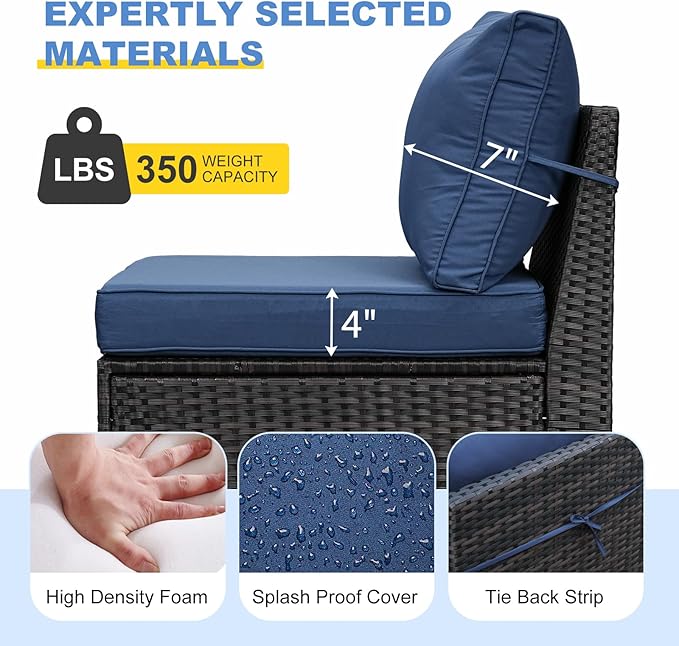 6 Pieces Patio Furniture Set, Outdoor Couch Sofa with Wider Armrests & Glass Coffee Table, Outdoor Sectional Furniture with Thick Cushions for Party, Poolside,Garden-Navy