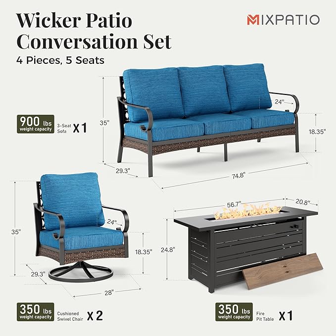 Patio Furniture Set with Firepit Table, Black Frame Outdoor Conversation Set with 2 x Swivel Chairs, 1 x 3-Seat Sofa for Lawn Garden Backyard, Pacific Blue