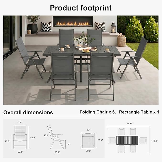 PURPLE LEAF Outdoor Dining Set for 6 Folding Patio Dining Set with Aluminum Rectangular Table and Padded Chairs All Weather Dining Table Sets for Garden Backyard Poolside, Grey