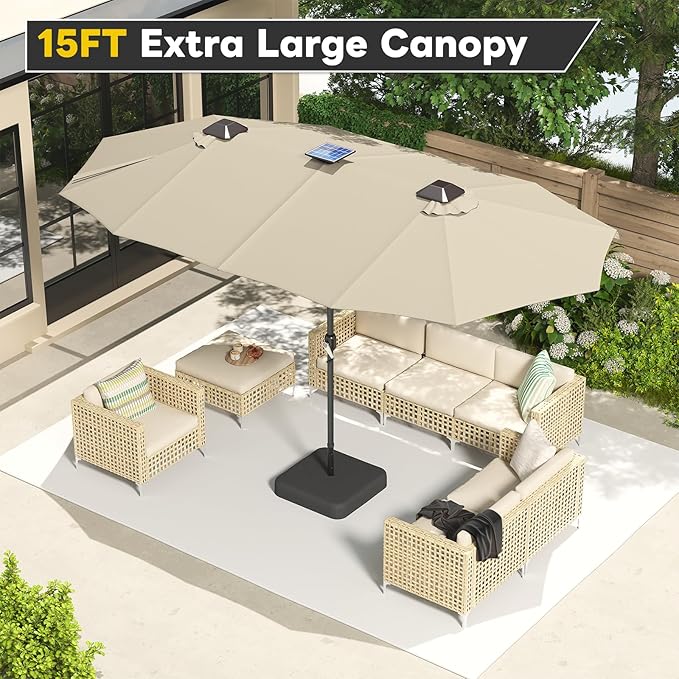 AECOJOY 15ft Large Patio Umbrella with Solar Lights, Double-Sided Outdoor Rectangle Market Umbrella with Base Included, 156 PCS LED Lights, Crank Handle for Garden Deck Pool in Tan(1.9" Pole)