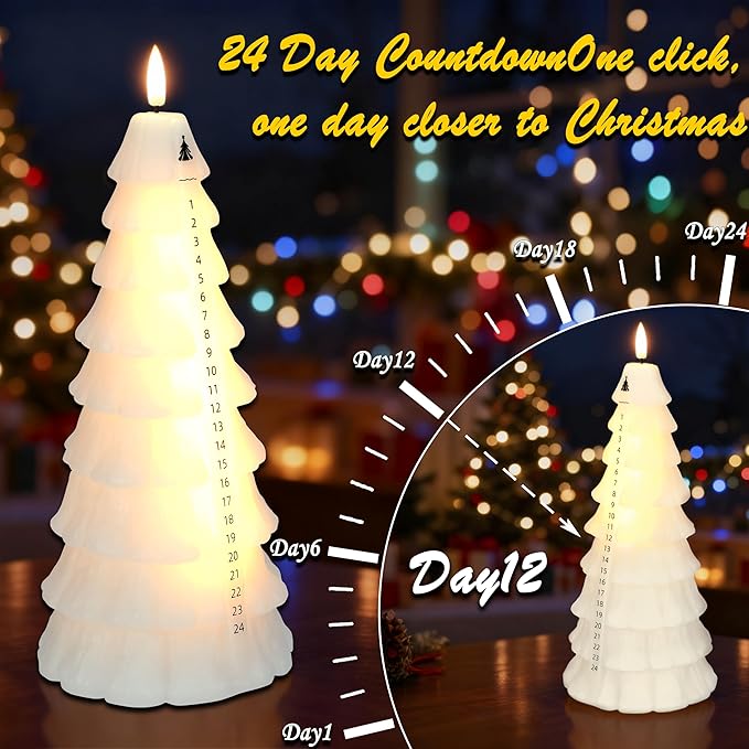 Christmas Tree Candles with Remote, Real Wax Christmas Countdown Candle, Countdown to Christmas Battery Operated Candles, Xmas Flameless Advent Candle for Table Decor
