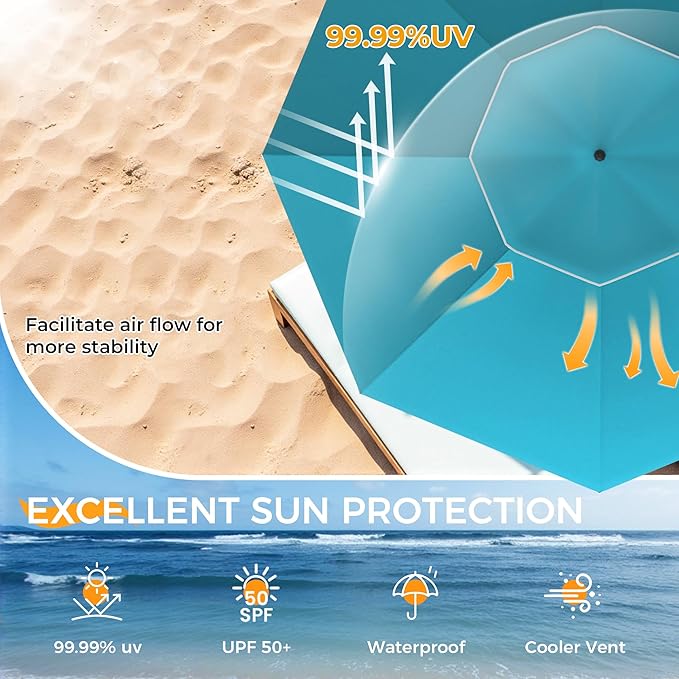 HOMEDEMO 8FT Large Beach Umbrella with Weight Bag & Sand Anchor, Outdoor Umbrellas with Adjustable Aluminum Pole and Table, Heavy Duty Windproof & UPF 50+