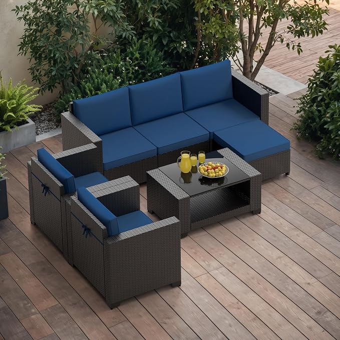 Patio Furniture Set, 7PCS Outdoor Sectional with Ottoman Wicker Rattan Patio Couch with Thickened Cushion Modular Wicker Patio Conversation Set with Glass Top Table for Balcony, Backyard (Dark Blue)