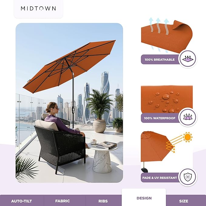 Midtown Umbrellas – The Swilt 8 Ft Patio Umbrella with 360° Swivel & Tilt Mechanism, Sunbrella Fabric & 8 Fiberglass Ribs – Outdoor Umbrella for Deck, Pool & Cafes – Terracotta Canopy, Black Pole