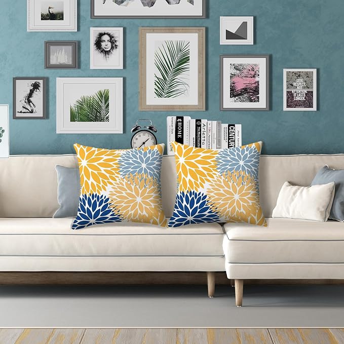 Spring Outdoor Pillow Covers 20x20 Set of 2, Yellow Blue Floral Waterproof Cushion Covers, Boho Patio Furniture Pillows for Spring Home Decor