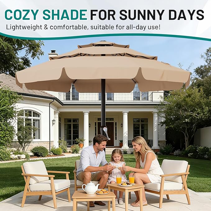 AreShark 12FT 3-Tiers Patio Umbrella with Valance, Outdoor with Crank, Large Outdoor Market Umbrellas Vented with 8 Sturdy Ribs, Patio Table Umbrellas for Garden, Deck, Backyard, Pool, Beige