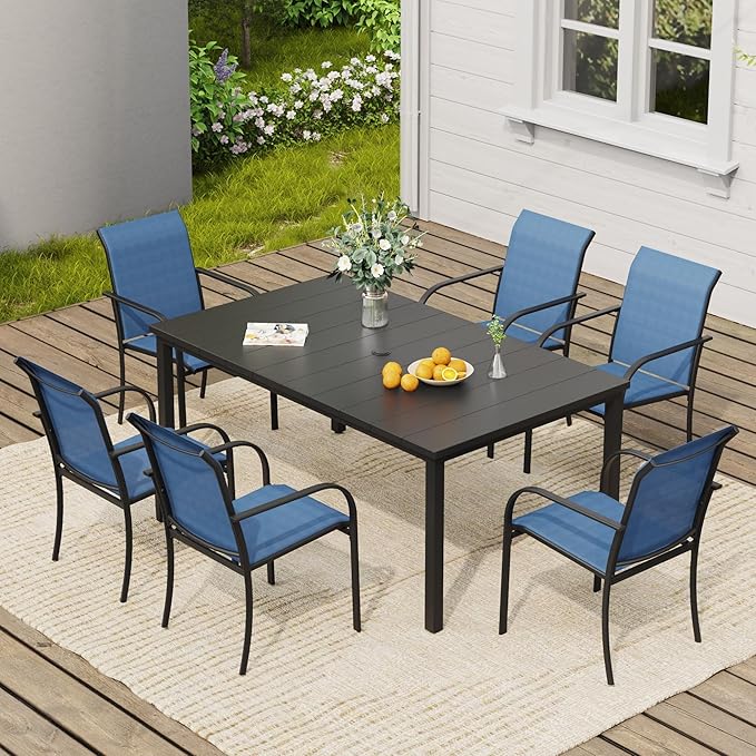VICLLAX 7 Pieces Patio Dining Set, Patio Furniture Set of 6 Patio Stackable Dining Chairs and Outdoor Metal Table with Umbrella Hole for Backyard Lawn Garden, Blue Chairs and Black Table