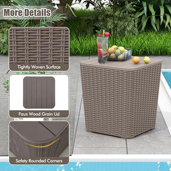 LDAILY 11.5 Gallon Outdoor Storage Box, Deck Box with Table Top & Stool, Resin Wicker Patio Side Table with Storage, Removable Lid, 330Lbs Capacity for Poolside, Balcony (Brown)
