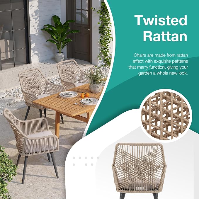 Patiorama 7-Piece Dining Set, Outdoor Dining Table Chair Set, Patio Wicker Dining Table Chair Set with 55"-71" Acacia Wood Expandable Table & Twisted Rattan Chairs for Yard Garden(Tan & Cross Back)