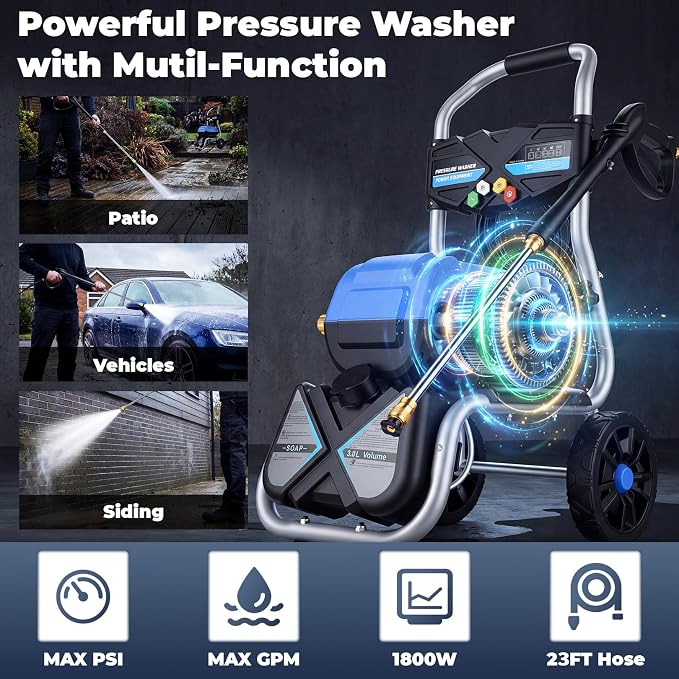 MAX 5000 PSI 4GPM Electric Pressure Washer, 3L Soap Bottle Professional Electric Power Washer with 8" Removable Wheels 5 QC Nozzles 23FT Hose, 1800W Commercial Plug Powered Pressure Washer, Blue