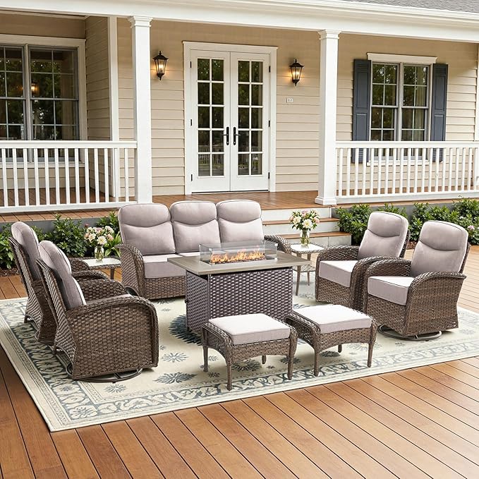 10-Piece Luxury Patio Furniture Set with 42.5" Fire Pit Table, Outdoor Wicker Sofa Couch & Swivel Rocker Chairs with 6-inch Thick Cushion, Conversation Set for Poolside, Deck & Yard - Beige