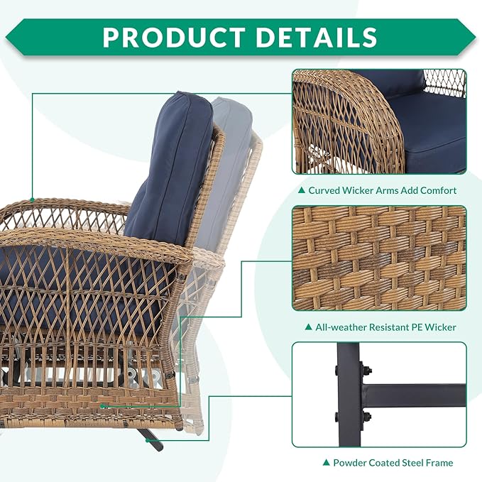 VIVIJASON 3-Piece Patio Bistro Glider Set, Outdoor Wicker Glider Rocking Chairs Set of 2 with Tempered Glass Side Table, Patio Rattan Furniture Set for for Backyard, Garden and Porch, Navy Blue
