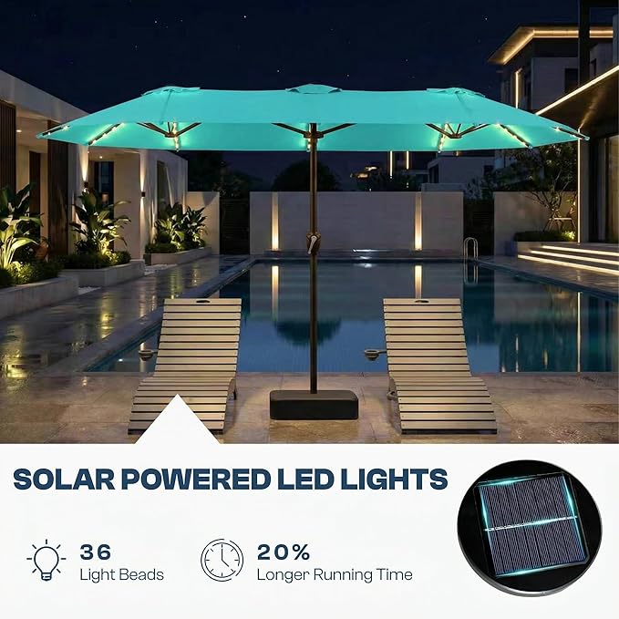 15FT Patio Umbrella with Solar Lights, Double-Sided Extra Large Outdoor Table Umbrella with Base Included, Heavy-Duty 12 Iron Ribs Market Umbrella for Garden, Pool, Backyard, Aqua Blue