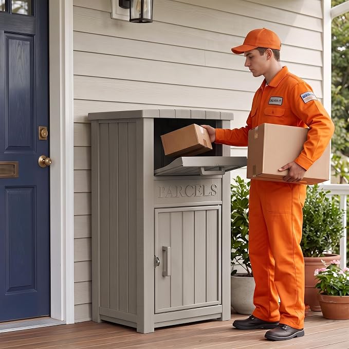 Package Delivery Boxes for Outside, 100 Gallon Outdoor Storage Box, with Lockable Secure Design, Deck Box Outdoor Waterproof for Entryway, Front Porch, Backyard, Garden, Patio(Grey)