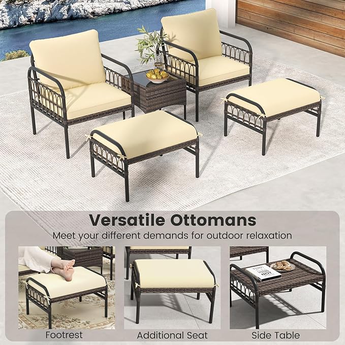 Tangkula 5 Piece Patio Conversation Set, Outdoor Wicker Chair Set w/Ottomans & Coffee Table, Comfy Seat & Back Cushions, Patio Wicker Woven Furniture Set for Backyard, Poolside (Beige)