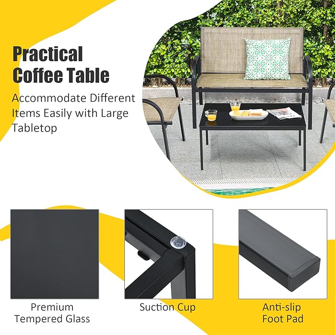 Tangkula 4 Pieces Patio Furniture Set, Metal Frame Heavy Duty Outdoor Conversation Set, Includes Glass Top Coffee Table, 2 Armrest Chairs and Loveseat, Suitable for Lawn Garden Porch Balcony (Brown)