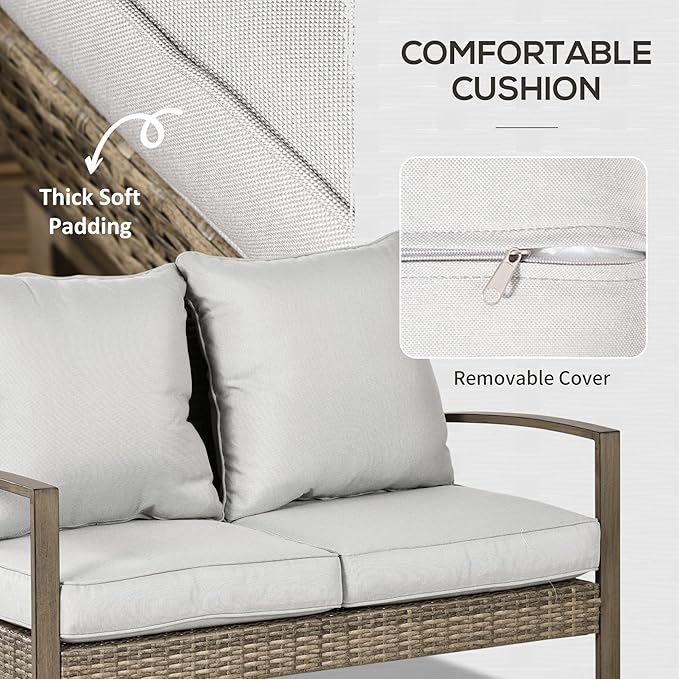 Outsunny 4 Piece Wicker Patio Furniture Set with 2 Rocking Chairs, Loveseat Sofa, Outdoor PE Rattan Conversation Set with Cushions, Aluminum Table for Porch, Poolside, Light Gray