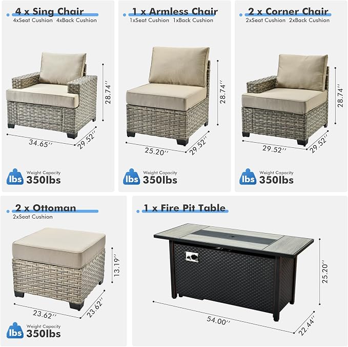 10 Pcs Outdoor Sectional Patio Furniture Set with Fire Pit Table - All Weather Wicker Modular Outside Sectional Couch,Patio Seating Outdoor Conversation Sets for Deck Yard Garden,Beige