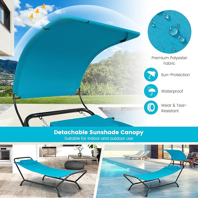 Nightcore Outdoor Canopy Hammock Swing Chair, Cushioned Patio Hanging Chaise Lounge w/Pillow & Storage Bag, Metal Swing Hammock Bed w/Stand for Garden, Lawn, Backyard (Blue)