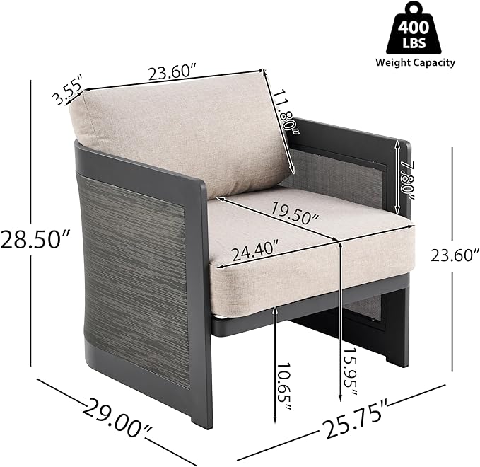 Christopher Knight Home Norhill Patio Sofa Set, 3 Pieces Outdoor Seating Set, Aluminum Patio Furniture Set with Two Club Chairs and Loveseat, Conversation Set for Patio Garden Poolside, Beige + Black