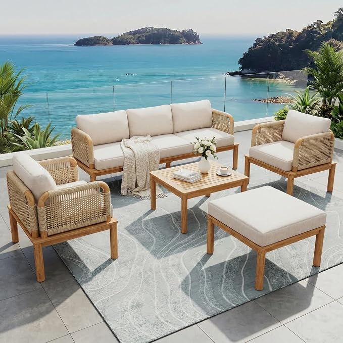 Patio Furniture Set of 5, Outdoor Sectional Furniture with Coffee Table and Ottoman, All-Weather Patio Conversation Set for Backyard, Garden and Poolside (Series A)