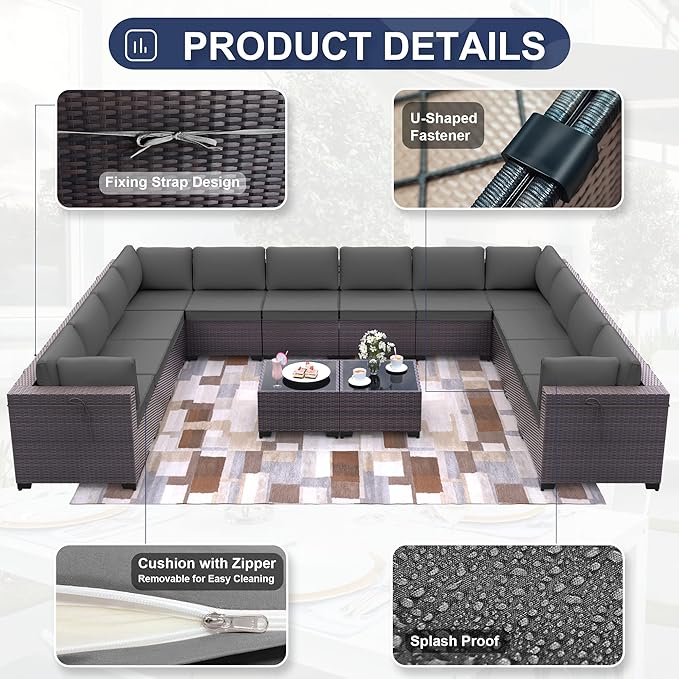 Patio Furniture Set 14-Piece Outdoor Furniture for Backyard Wicker Sectional Sofa Set, PE Rattan Patio Conversation Set 12 Seat with 4 Inch Thickened Cushions and Glass Coffee Tables, Grey