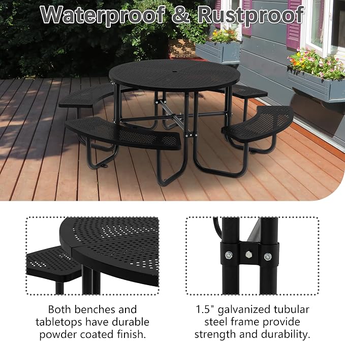 46" Round Heavy Duty Metal Picnic Table with 1.78" Umbrella Hole, Rustproof Coated Mesh Tabletop, Portable Round Outdoor Table for Patio, Lawn, Garden, Backyard & Camping, Black