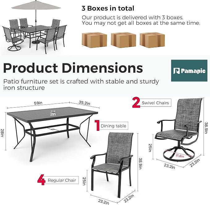7-Piece Outdoor Dining Set, Patio Furniture Set with 2 Textilene Swivel Chairs & 4 Regular Chairs,Patio Dining Set with 1 Rectangular Table for Garden, Backyard, Poolside, Deck, Charcoal