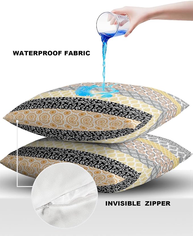 Outdoor Waterproof Throw Pillow Covers Set of 2 Yellow Boho Stripe Tribal Vingtage Lumbar Pillowcases 26x26 Inches Bohemian Style Decorative Pillows Cushion Case Patio Pillows for Couch Bed Garden