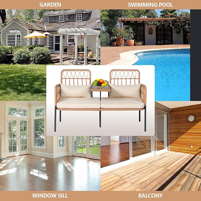 Outdoor Loveseat 2 Pieces Patio Furniture Set, Porch Furniture Wicker Large Loveseats, Patio Conversation Sets with Cushions & Lumbar Pillows and Built-in Table