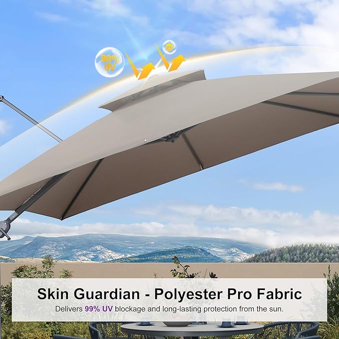 PURPLE LEAF 10 FT Cantilever Umbrella Outdoor Patio Umbrella with Light, Large Offset Square Umbrella, Windproof Heavy Duty Hanging Outside Umbrellas for Patio, Ash Mocha