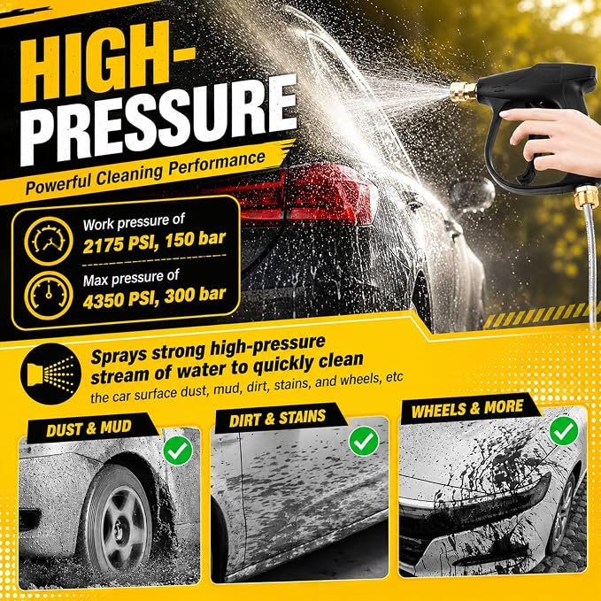 High-Pressure Car Short Pressure Washer Gun,Stubby Pressure Washer Gun with Safety Lock & M22-14 Thread & 1/4" Outlet Quick Connect,4350 PSI Max Pressures Washers Short Guns
