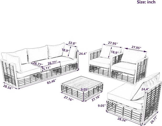 Modern Minimalist 7-Piece Metal Patio Sectional Sofa Set, All-Weather Garden Conversational Furniture Set with Thick Cushions and Coffee Table for Indoor Outdoor (Dark Grey#26)