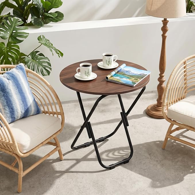 VECELO 17.7" Small Folding Table Set of 2,Round Patio Outdoor Side Table, Foldable Wooden Table with Weather Resistant Steel Frame, Patio Table for Camping Picnic Garden Small Space