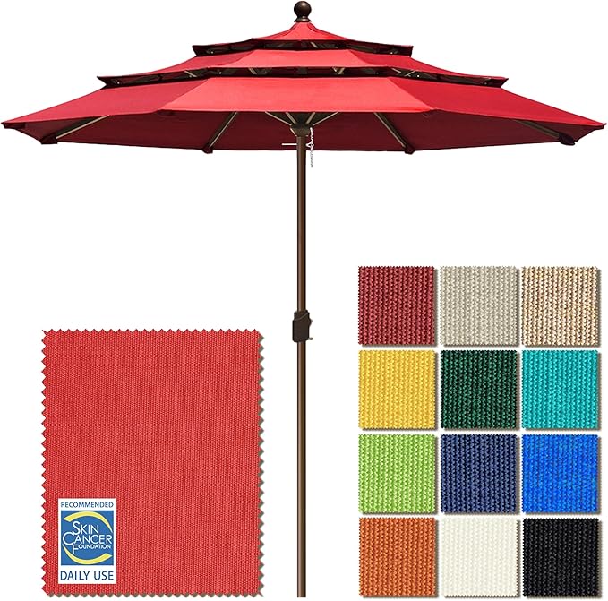 EliteShade USA 10-Year-Non-Fading 11ft 3-Tier Market Patio Umbrella, Commercial Grade Outdoor Table Umbrella with Crank Open, Windproof & UPF 50+ UV Protection, Heavy Duty Ventilation for Garden, Deck, Pool, Backyard, Beach & Bistro, No Tilt, Logo Red