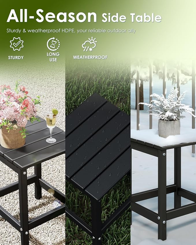 GREENVINES Adirondack-Outdoor-Side-Table | Single-Tier | 14 x 13 Inches | HDPE Plastic | All Weather | Black | Outside End Tables | for Patio Porch Backyard Indoor