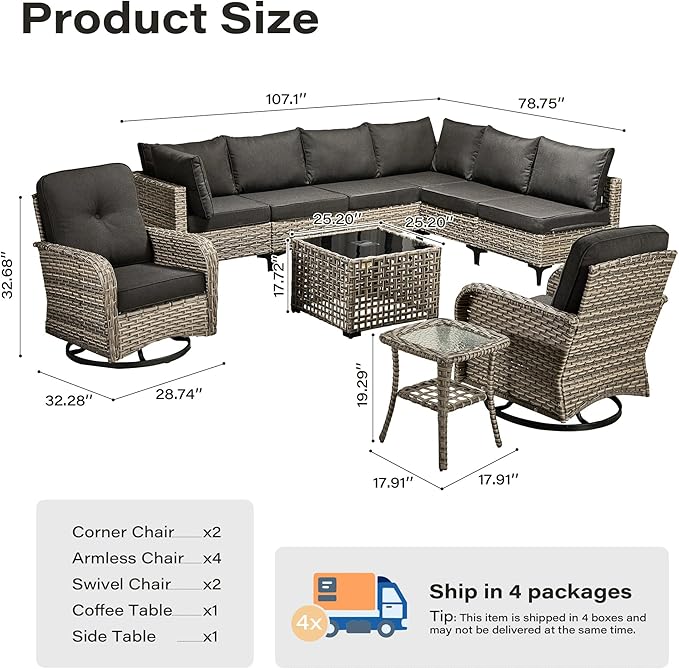 10 Pieces Outdoor Sectional Patio Furniture Set with Swivel Rocking Chairs,Wicker Conversation Sets Rattan L Shaped Couch,Modular Outdoor Sofa for Porch Balcony Backyard Black