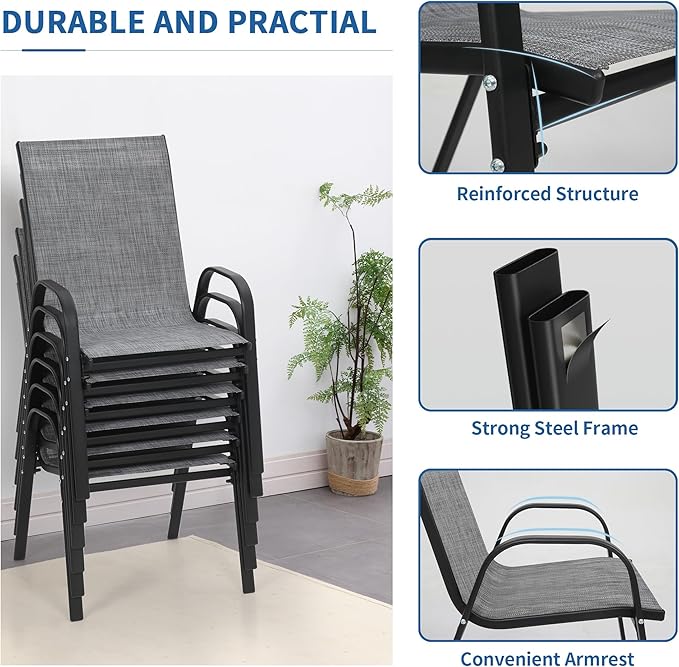 PIZZELLO 7 Pieces Patio Furniture Set w/ 60" Gas Fire Pit Table and 6 Patio Dining Chairs, Outdoor Conversation Set 50,000 BTU Aluminum Propane Fire Pit Stackable Patio Chairs Set of 6 for Backyard