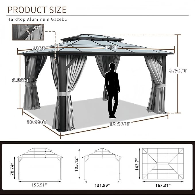 12’x14’ Hardtop Gazebo with Double Polycarbonate Roof Outdoor Metal Gazebo Sturdy Aluminum Frame & Removable Curtains, Netting Permanent Pavilion Pergola for Garden,Patio,Lawn (Gray)