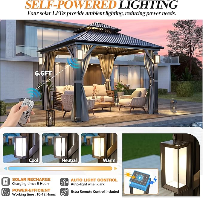 GARTOO 10'x10' Outdoor Hardtop Gazebo with Double Roof - Heavy-Duty Steel Top Aluminum Frame Gazebo with Solar LED Light, Breathable Netting & Privacy Curtain for Patio, Porch, Garden, Backyard