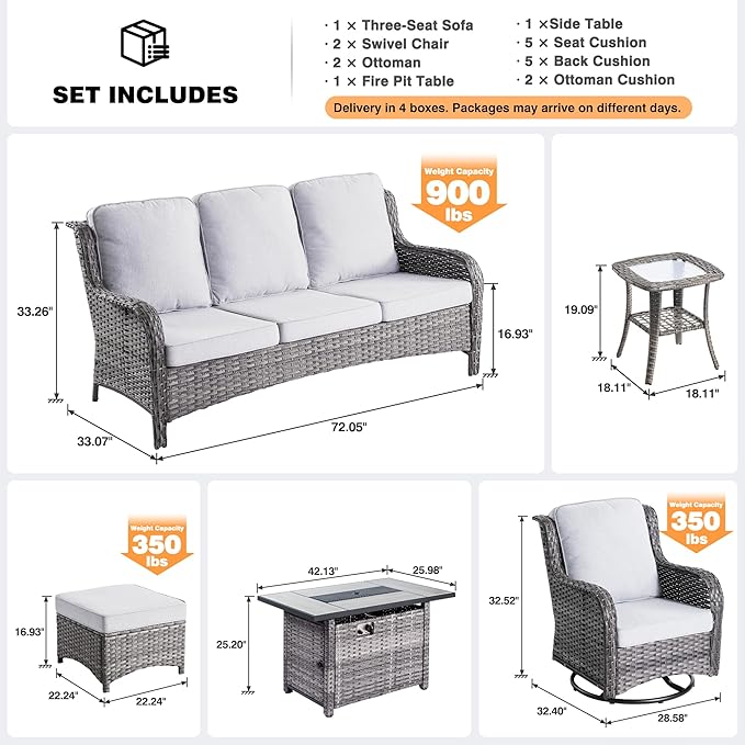 ovios 7-Pieces Patio Furniture Set with 42 Inch Fire Pit Table Swivel Chairs, Outdoor Wicker Sofa Couch Gliders Rocker, High Back Modern Conversation Set, Grey Rattan, Grey