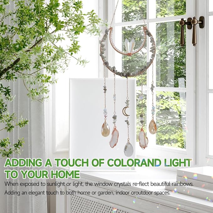 Crystal Suncatcher - Dreamsum Hanging Suncatchers with Crystals and Stones | Sun Catchers Indoor, Window Catcher with Prism Pendants Stones Slices, Moon Crystal Suncatchers gift for Girls, Lover and Mom
