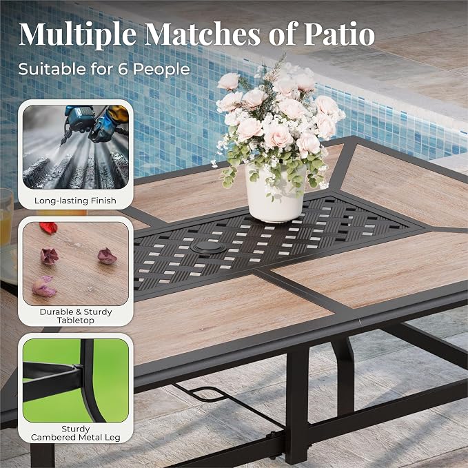 MIXPATIO Outdoor Patio Dining Set 7 Piece Furniture Set with 6 Brown Textilene Chairs and Wood-Like Table Top Rectangular Table for Deck Garden Backyard Lawn Poolside
