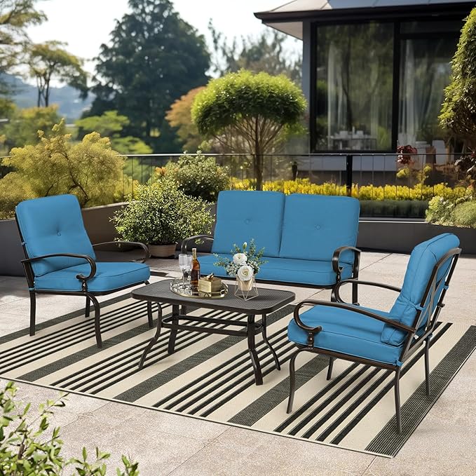 Oakcloud 4Pcs Metal Outdoor Furniture Patio Conversation Set (Loveseat and Coffee Table, 2 Dining Chair) -Wrought Iron Patio Chair Set with Cushions (Blue)