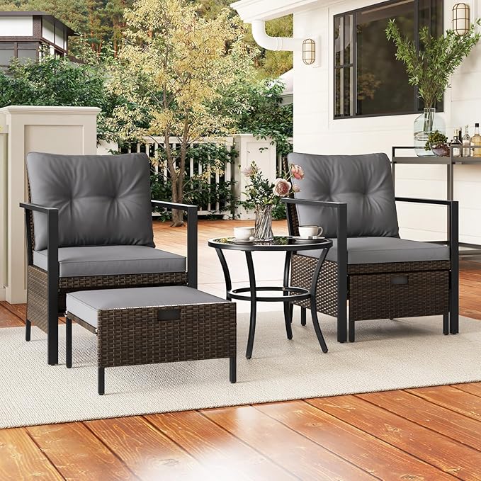Tangkula 5 Piece Outdoor Furniture Set, Rattan Chairs & Ottomans w/Round Glass Topped Coffee Table, Space Saving Cushioned Patio Conversation Set for Backyard, Poolside (Gray)