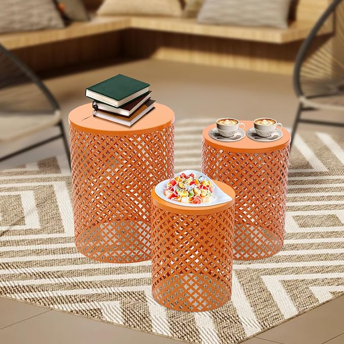 3 Piece Outdoor Coffee Table Side Table Set, Metal Round End Tables for Patio, Small Stackable Nesting Tables, Heavy Duty Decorative Accent Table Garden Stools for Balcony, Indoor Living Room (Orange)