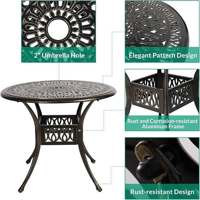 VIVIJASON 3-Piece Patio Bistro Sets, All-Weather Cast Aluminum Bistro Table Set Outdoor Patio Furniture, Include 2 Cushioned Chairs and 35.4" Round Table, 2" Umbrella Hole, Ocean Blue Cushion