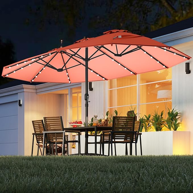 Tangkula 15FT Double-Sided Solar Patio Umbrella, Extra-Large Outdoor Twin Umbrella with 48 LED Lights, Vented Top, Crank Handle, 12 Ribs, Weighted Base Included for Backyard Poolside Deck (Orange)
