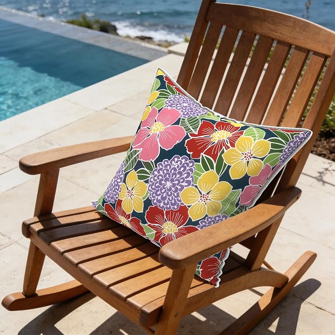 LVTXIII Outdoor Throw Pillows 20x20 Patio Waterproof Square Pillows with Piping Fade Resistant Accent Pillow for Spring Summer Garden Decoration, Set of 2, Flower Bloom